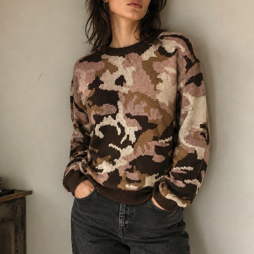 VTG 90s Camo Knit Sweater‎ Brown Pink Distressed USA M Soft Grunge Black Duck